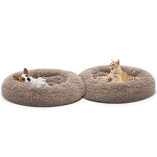 HYISHION Cama Larga y cómoda de Felpa, calmante y autocalentable para Perros y Gatos, ansiolítico, Peludo, Relajante, Suave, Lavable, Cama para Mascotas,Marrón,24in