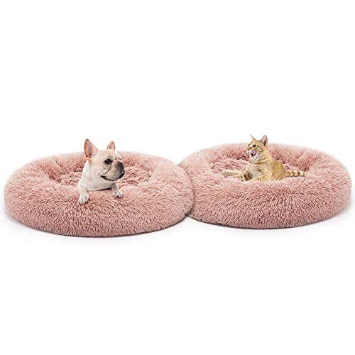 HYISHION Cama Larga y cómoda de Felpa, calmante y autocalentable para Perros y Gatos, ansiolítico, Peludo, Relajante, Suave, Lavable, Cama para Mascotas,Rosado,32in