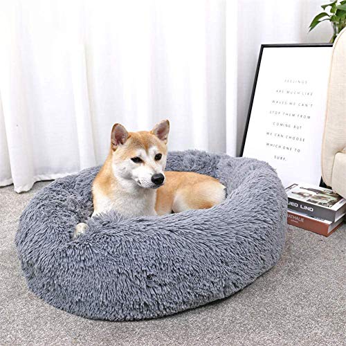 HYISHION Cama Larga y cómoda de Felpa, calmante y autocalentable para Perros y Gatos, ansiolítico, Peludo, Relajante, Suave, Lavable, Cama para Mascotas,Gris,43in