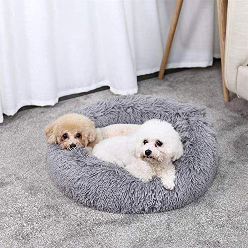 HYISHION Cama Larga y cómoda de Felpa, calmante y autocalentable para Perros y Gatos, ansiolítico, Peludo, Relajante, Suave, Lavable, Cama para Mascotas,Gris,43in