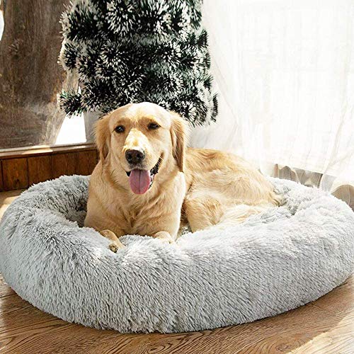 HYISHION Cama Larga y cómoda de Felpa, calmante y autocalentable para Perros y Gatos, ansiolítico, Peludo, Relajante, Suave, Lavable, Cama para Mascotas,Gris,43in