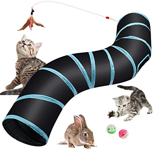 Hyselene Túnel para Gatos Juguetes para Gatos,S-Tunel Gato,Tubo para Gatos Plegable,Tunel Gato,Gato Jugar Túnel del Laberinto Con Campanas y Caña Pescar de Gatos,Para Gatos,Cachorros,Conejos,Cobayas