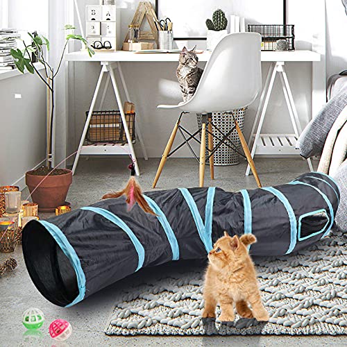 Hyselene Túnel para Gatos Juguetes para Gatos,S-Tunel Gato,Tubo para Gatos Plegable,Tunel Gato,Gato Jugar Túnel del Laberinto Con Campanas y Caña Pescar de Gatos,Para Gatos,Cachorros,Conejos,Cobayas