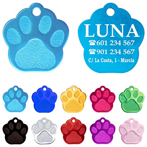 Iberiagifts - Placa en Forma de Huella para Mascotas pequeñas-Medianas Chapa Medalla de identificación Personalizada para Collar Perro Gato Mascota grabada (Azul clarito)