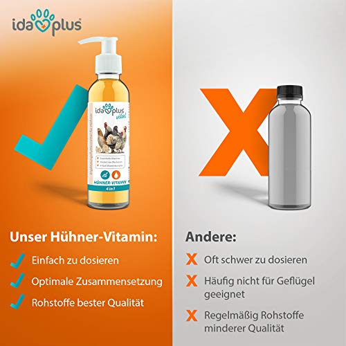 Ida Plus - Hühner-Vitamin 4in1 200 ml - Concentrado vitamínico con Vitamina ADEC para Fortalecer Las defensas y apoyar un Crecimiento Estable - Complemento alimenticio Que aporta vitaminas a Pollos