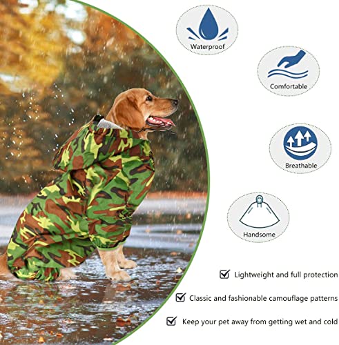 Idepet Chubasquero para Perros, Impermeable para Perros Poncho de Lluvia para Perros Ajustable con Orificio para Arnés (XL, Verde Camuflaje)