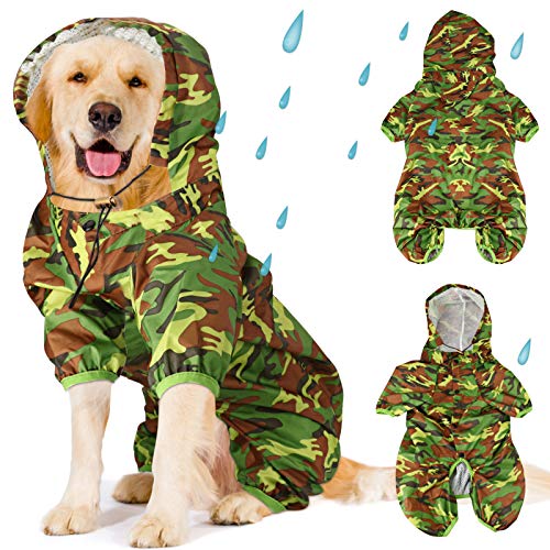 Idepet Chubasquero para Perros, Impermeable para Perros Poncho de Lluvia para Perros Ajustable con Orificio para Arnés (XL, Verde Camuflaje)