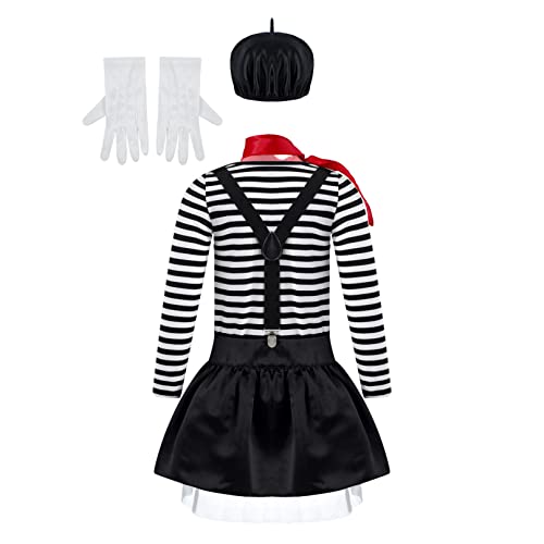 iiniim 4pcs Disfraz de Artista Francés para Niño Traje Infantil de Mimo Cosplay Halloween Camiseta a Rayas Guantes Blancos Boina Tirantes 7-12 Años Negro B 5-6 años