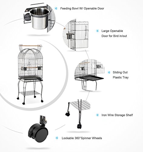 IKAYAA Jaula para Pajaros Grande Jaula Loro de Metal con Tazon de Acero Inoxidable + Ruedas Bloqueables 53 * 53 * 150cm / 20.86 * 20.86 * 59.06"