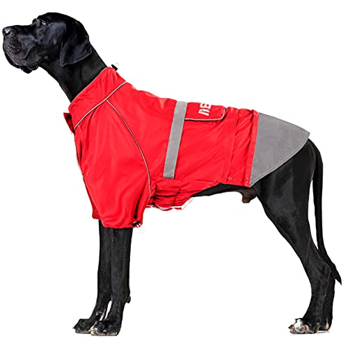 Impermeable para Perro IREENUO, Chaqueta para Abrigo Mediano Grande Impermeable con Tiras Reflectantes y Ajustable a Prueba de Viento al Aire Libre Rojo 3XL