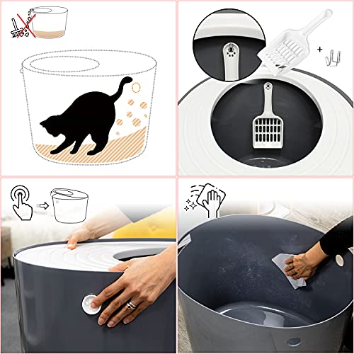 Iris Ohyama, Bandeja de arena para gatos con tapa ranurada, sin olores ni derrames de basura, entrada grande L26.7 x W22.9 cm, cuchara incluida, para gato - Cat Litter Box Jump-in PUNT-530 - Gris