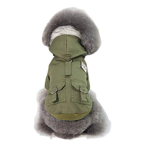 Izefia Ropa para Perros Abrigo Engrosado Sudaderas con Capucha Ropa de Trabajo Perro Uniforme Militar suéter del ejército Chaqueta de algodón para Perro pequeño Perro Mediano Gato (Verde,S)