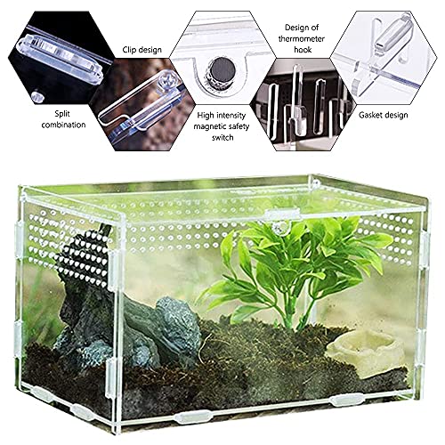 Jooheli Caja de Alimentación de Insectos, Terrarios para Reptiles con Interruptor Magnético, Acrílico Transparente Estuche de Cría para Araña, Lagarto, Rana, Reptiles (20x12x12cm)