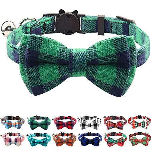 Joytale Collar Gato Antiahogo, Collares para Gatos con Pajarita y Cascabel, Collares con Hebilla Seguro de Liberación Rápida para Gatos y Gatitos, 1 Paquete, Verde