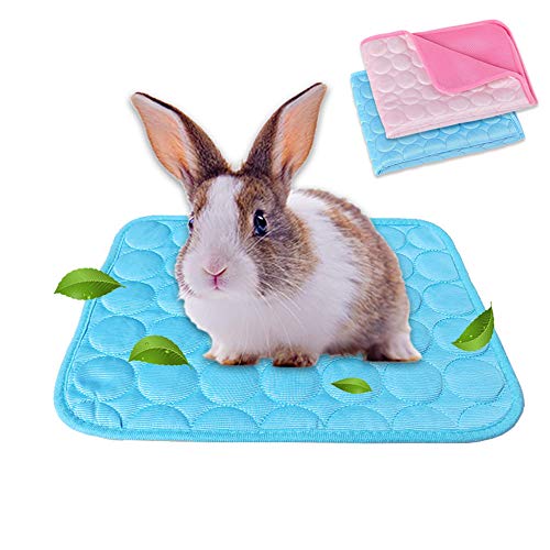 Juego de 2 camas de conejito de indias para verano, alfombrilla de refrigeración para mascotas para conejos, cobayas, chinchillas, lavable, transpirable, seda de hielo, M, azul + rosa