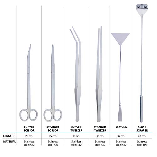 Juego de herramientas para acuario 6 en 1, acero inoxidable, incluye bolsa de fieltro de lujo, pinzas largas rectas y curvas, tijeras rectas y curvas, espátula, raspador de algas
