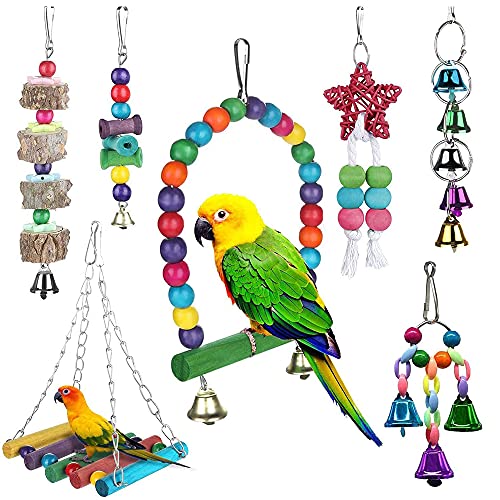 Juego De Juguetes para Pájaros, 7 Piezas Juguetes De Aves, Accesorios para Juguetes para Pájaros, Colorful Swing Ladder Hammock Bells Parrots Toys For Love Birds, Cockatiels, Macaws (7 Estilos)