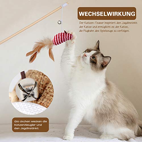 KABB Juguete Interactivo para Gatos con Plumas, 3 Unidades de 40 cm, Varita mágica con Cuerda elástica para Jugar a los Gatos, 5 Palos de Hierba gatera para el Cuidado Dental Natural de los Gatos