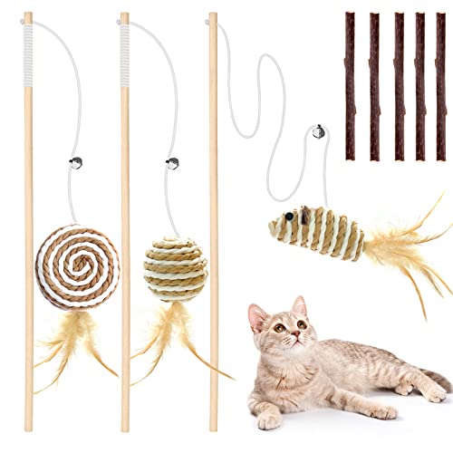 KABB Juguete Interactivo para Gatos con Plumas, 3 Unidades de 40 cm, Varita mágica con Cuerda elástica para Jugar a los Gatos, 5 Palos de Hierba gatera para el Cuidado Dental Natural de los Gatos