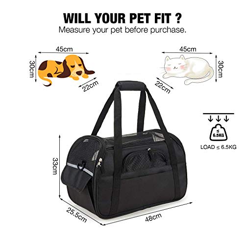 Kaka mall Transportín Perro Gato Transpirable Plegable Pet Carrier Impermeable Bolso de Hombro Acolchado Suave Viaje Avion Tren o Auto por Pequeños Mascota (Negro, L)