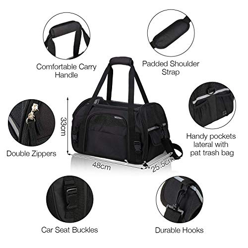 Kaka mall Transportín Perro Gato Transpirable Plegable Pet Carrier Impermeable Bolso de Hombro Acolchado Suave Viaje Avion Tren o Auto por Pequeños Mascota (Negro, L)