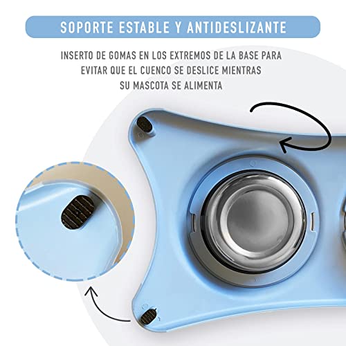 Kit de Comedero Doble de Acero Inoxidable más Pelotas de Juguete para Perros Pequeños y Medianos. Tazón Doble para Comida y Agua para Mascotas y 3 Pelotas de Tenis. (Azul)