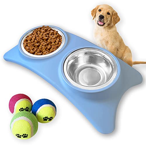 Kit de Comedero Doble de Acero Inoxidable más Pelotas de Juguete para Perros Pequeños y Medianos. Tazón Doble para Comida y Agua para Mascotas y 3 Pelotas de Tenis. (Azul)