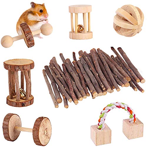 Komoyo 7 Piezas Hamster Chew Toys, Juguetes de Madera Natural para Masticar Cuidado de los Dientes, Bola Molar para Animales Pequeños, Pino, Conejillos, Ratas, Chinchillas,Gato