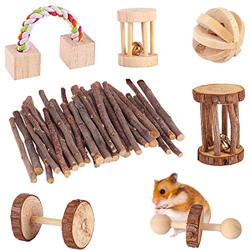 Komoyo Hamster Chew Toys, Cuidado de los Dientes Juguetes de Madera Natural para Masticar, Bola Molar para Animales Pequeños, Pino, Conejillos, Ratas, Chinchillas,Gato 7 Piezas