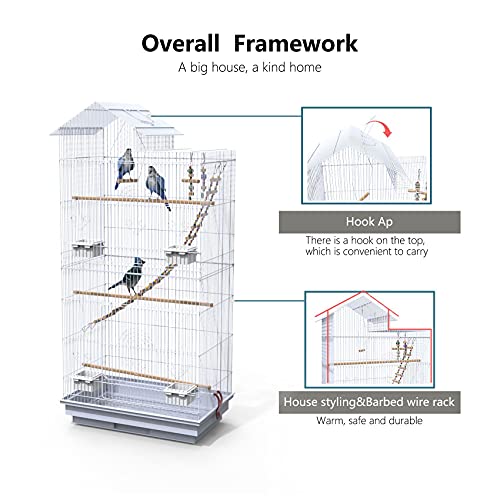 KU Syang Jaula Grande de Metal para PáJaros en la Azotea para Loro/CacatúA/Conure/Periquito/Periquito/Agapornis con Juguetes, Color Blanco