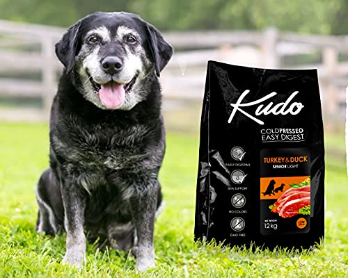 Kudo Pienso Seco Prensado en Frío para Perros Mayores de Todos los Tamaños. Receta Natural Senior Pavo y Pato. Sin Gluten. Elaborado con Ingredientes Naturales (12 Kg)