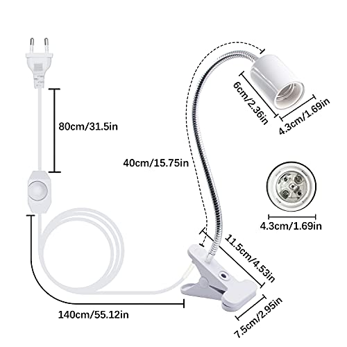 Lámpara de Clip Calefactor con Pinza y Cable, Lámpara de Calor de Reptil, para Bombillas Infrarrojas y Luz Calor, Giratorio de 360°y Interruptor de Intensidad de Fuente de Luz Ajustable