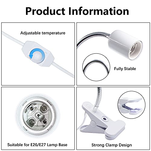 Lámpara de Clip Calefactor con Pinza y Cable, Lámpara de Calor de Reptil, para Bombillas Infrarrojas y Luz Calor, Giratorio de 360°y Interruptor de Intensidad de Fuente de Luz Ajustable