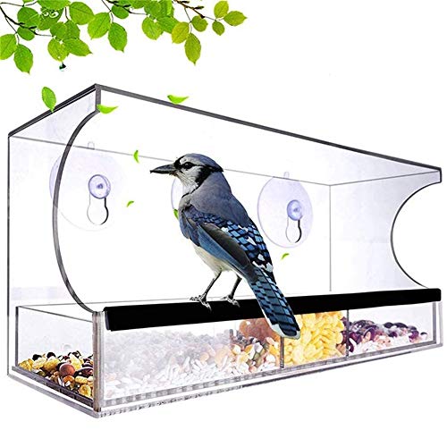 Lamps Comederos para pájaros con Ventana Comedero Grande para pájaros en el Exterior con 3 ventosas y Bandeja extraíble, Soporte Transparente acrílico Colgante