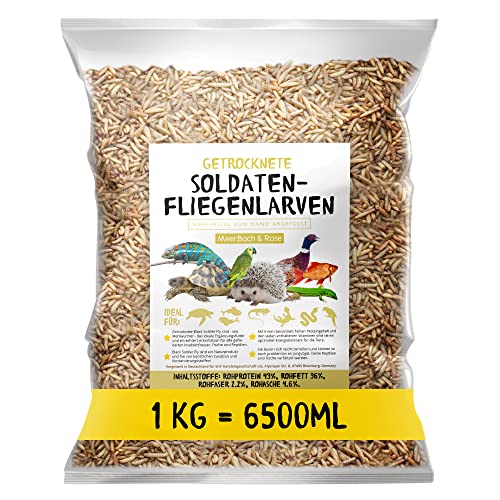 larvas de mosca de soldados Black Soldier Fly secadas, 1 kg (equivalente a 6,5 litros) alimento en bolsa, el snack rico en proteínas para aves silvestres, peces, reptiles, tortugas y erizos.