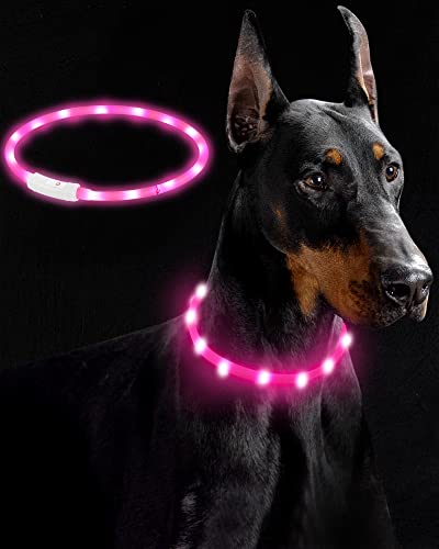 LED Collar Perro Collar de Seguridad, Collar de Perro de Mascota, Collar Luminoso Perro de Mascota, USB Recargable Collar de Seguridad para Mascotas Impermeable hasta (Rosa)