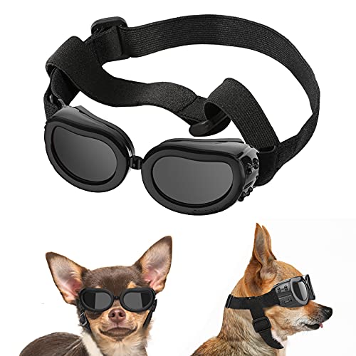 Lewondr Gafas de Sol para Mascotas, Anteojos Anti-Ultravioleta Niebla y Polvo con Correa Ajustable Elástica, Gafas Protectoras para Perros Pequeños para Fiesta Playa Viajar Tomar Fotografías, Negro