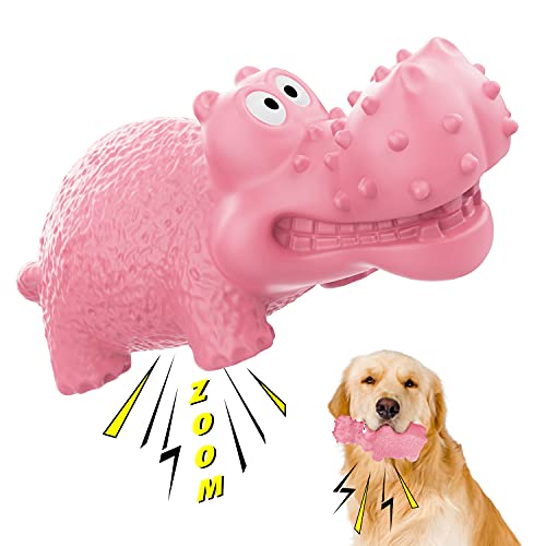 Lewondr Juguete con Sonido para Perro Chirriante, Herramientas de Morder Goma Sabor a Leche Forma Hipopótamo Duraderos Limpieza Dientes Interactivo Perros Mediano Grande, Rosa