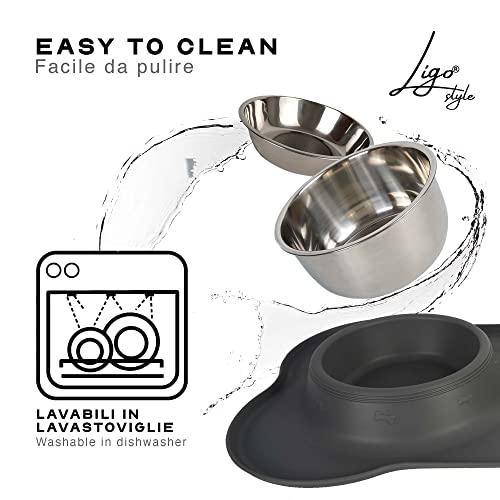 Ligo - Cuencos para perros y gatos pequeños, medianos y grandes, cuenco doble de acero inoxidable antideslizante y antigoteo, cuenco de perro con alfombrilla de silicona (S, gris)