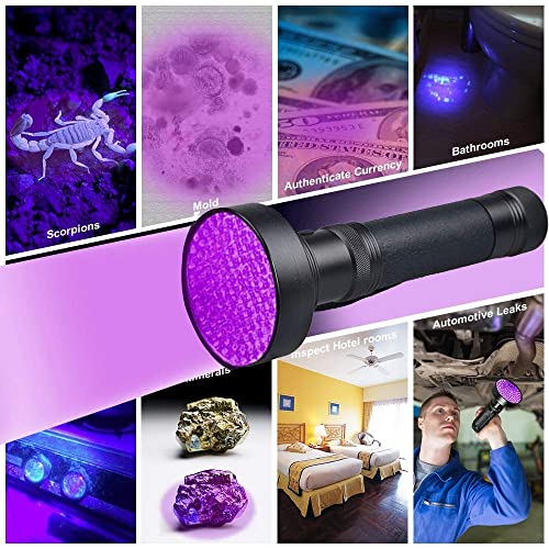 Linterna UV LGUIY 100 LED 395 nm luz ultravioleta para mascotas, perros, gatos, manchas de orina, escorpión, cocinas de baño, autentica moneda y detector de chinches