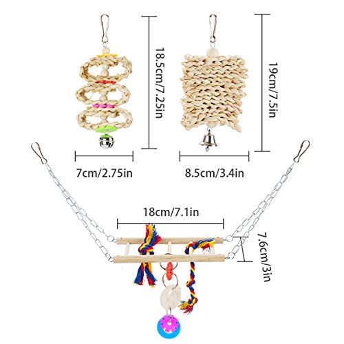 Locisne 7 Paquete Juguetes para jaulas Loros pájaros,campanillas Colgantes Madera,trituración,Perchas masticación,Juguetes para Loros,Juguetes morder Loros para Periquito,Periquito,cacatúa,Guacamayo