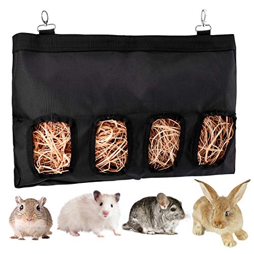 LUTER 28x23x2cm Bolsa de alimentación de heno de Conejillo de Indias Bolsa de heno de Conejo Saco alimentador Colgante, Mascotas pequeñas Que comen heno (Negro / Grande)