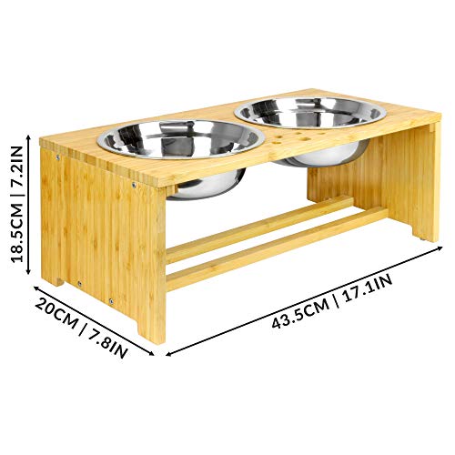 Maison & White Cuencos dobles para mascotas | Perro / Gato 2 en 1 Comida y agua Cuencos de metal | Alimentador de pie de bambú elevado (Mediano)