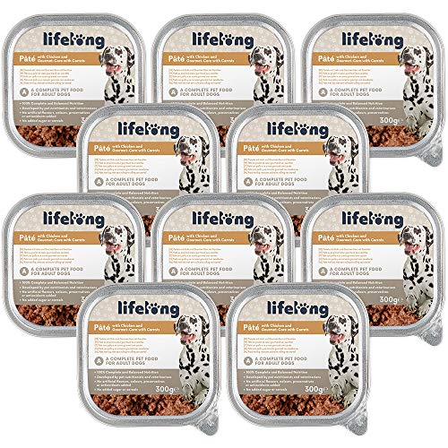 Marca Amazon - Lifelong Dog Food - Paté con pollo y un corazón gourmet con zanahorias, Paquete de 10 x 300g