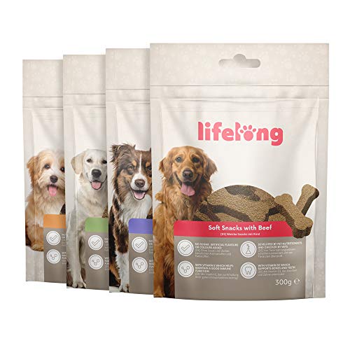 Marca Amazon - Lifelong - Treats para perros, ricos en proteínas, con cordero, pato, pavo y vacuno (4 packs x 300gr)