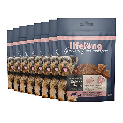 Marca Amazon - Lifelong - Treats para perros, sin trigo, con mono-proteína, con salmón, zanahoria y tomillo (8 packs x 240gr)