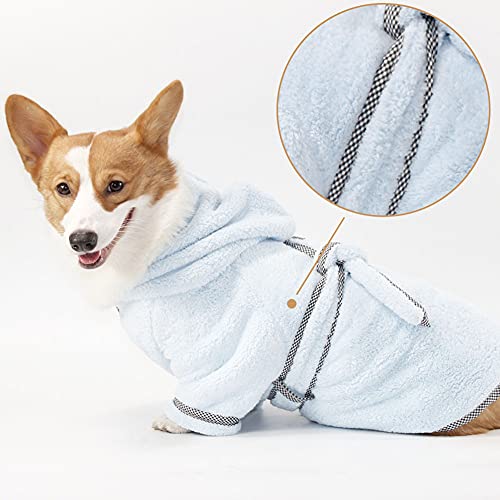 Mascota Perro Gato Botón Abrigo con Capucha Toalla de Albornoz, Viajes y Ocio Secado rápido Microfibra Absorbente Baño Gatos Lavable Pijamas con cinturón Ajustable Azul Claro M