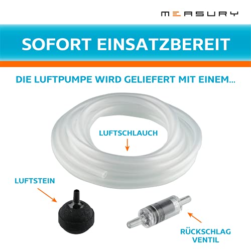 Measury Bomba de aire para acuario AIR60 – Bomba de membrana muy silenciosa para acuario – Bomba de oxígeno con manguera, piedra de aire y válvula antirretorno