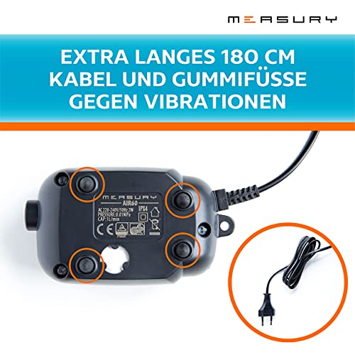 Measury Bomba de aire para acuario AIR60 – Bomba de membrana muy silenciosa para acuario – Bomba de oxígeno con manguera, piedra de aire y válvula antirretorno