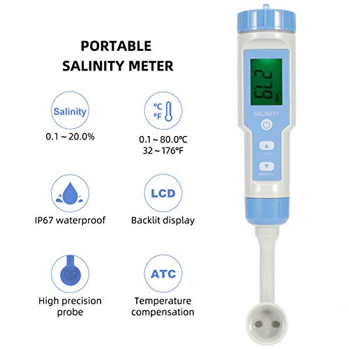 Medidor de salinidad digital, IP67 a prueba de agua para alimentos Medición de concentración de sal de alta precisión adecuado para acuicultura marina, acuario de agua de mar